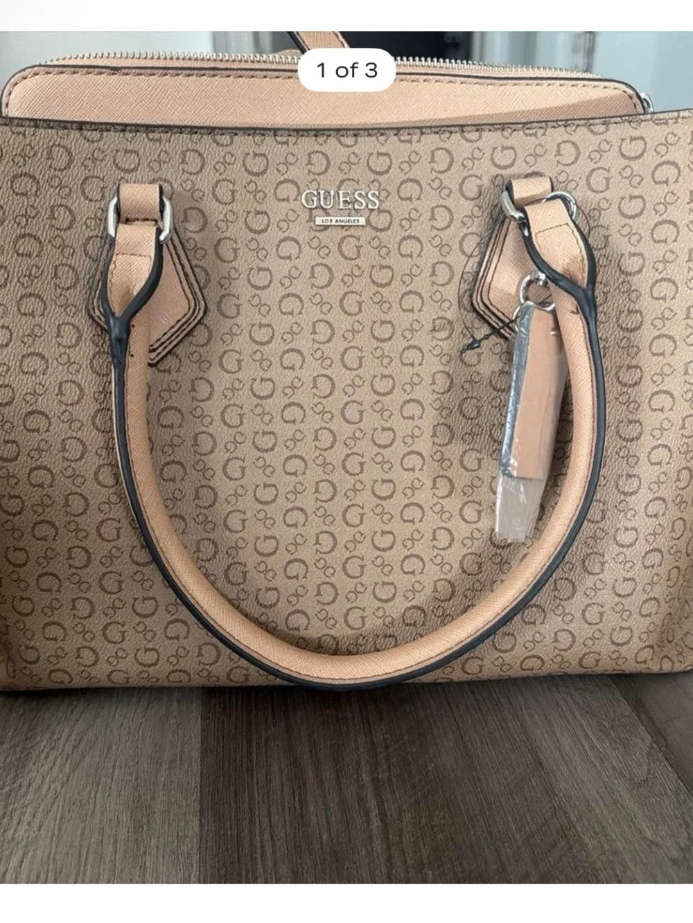 GUESS Tan Monogram Satchel with Beige Trim